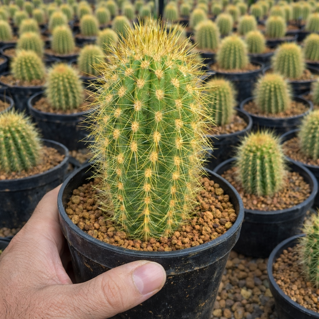 Helianthocereus narvaezensis small potted cactus with yellow spines in nursery setting