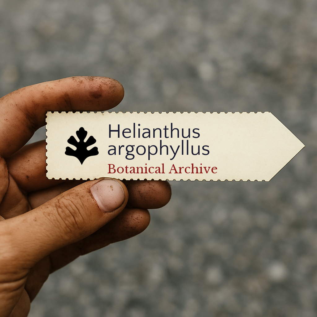 Printed plant label for Helianthus argophyllus held by a dirt-stained hand