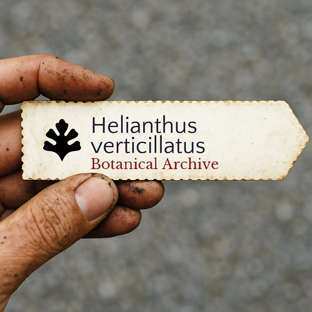 Printed plant label for Helianthus verticillatus held by dirty hand outdoors