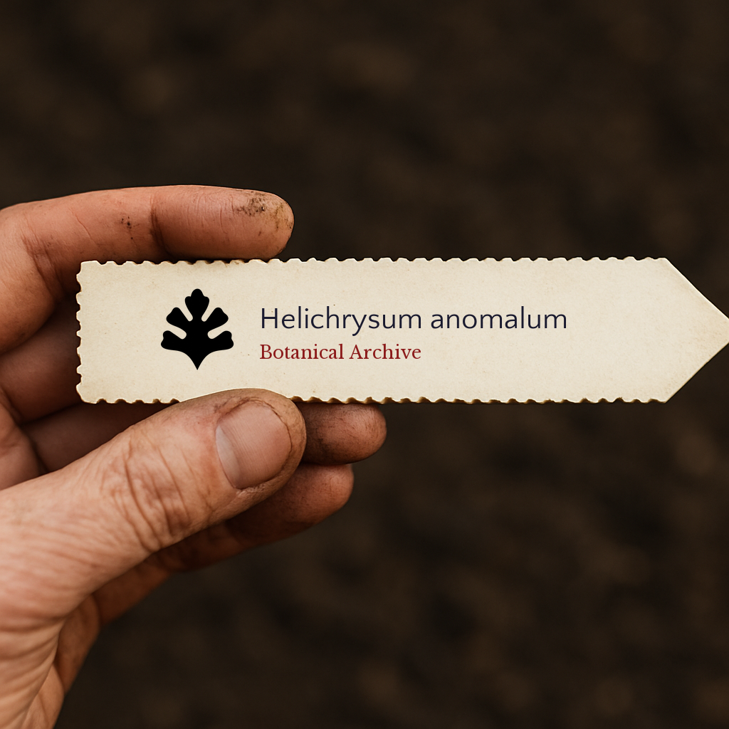 Etichetta stampata per pianta di Helichrysum anomalum con logo Botanical Archive tenuta a mano