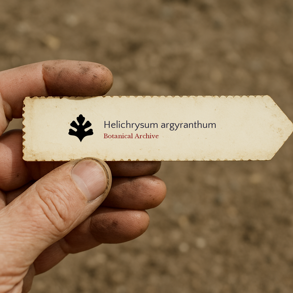 Printed plant label for Helichrysum argyranthum held by dirty hand over soil background