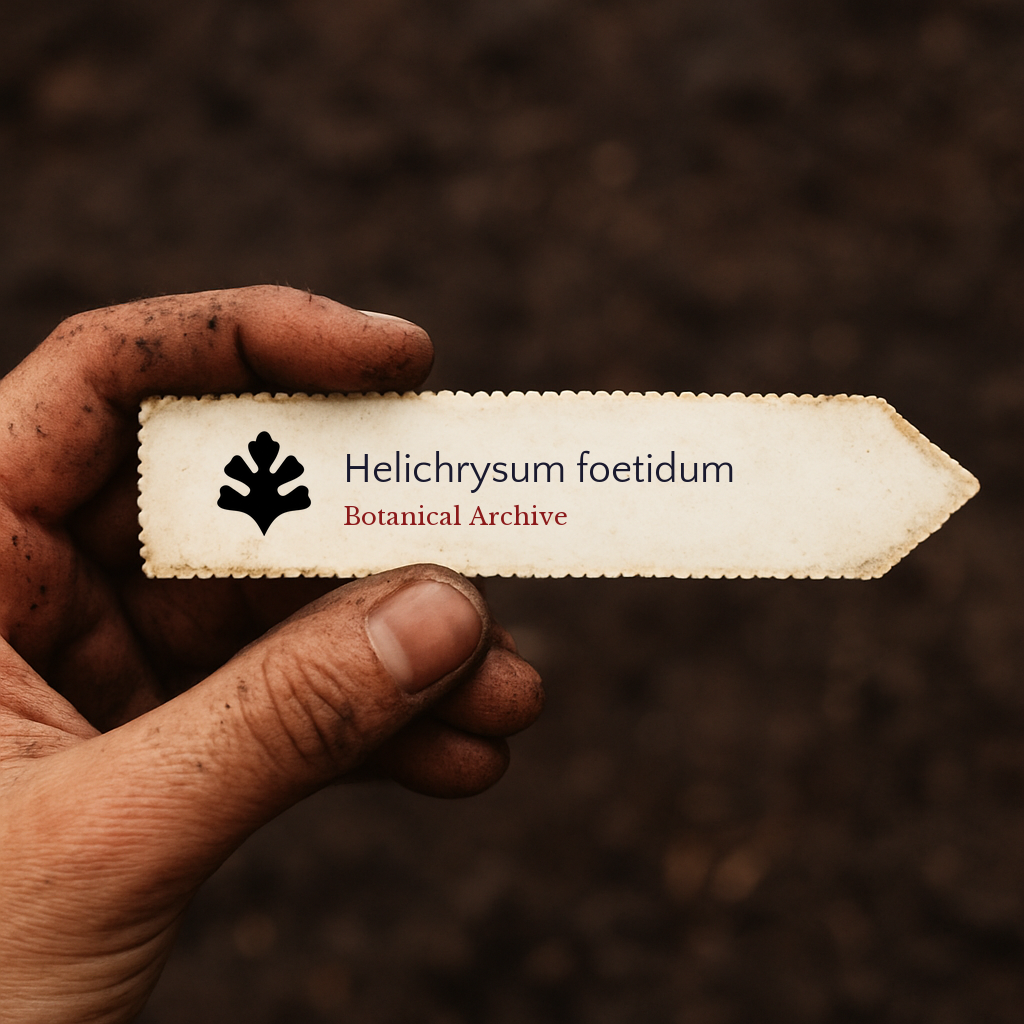Etichetta stampata per pianta di Helichrysum foetidum tenuta da mano sporca su sfondo di terra