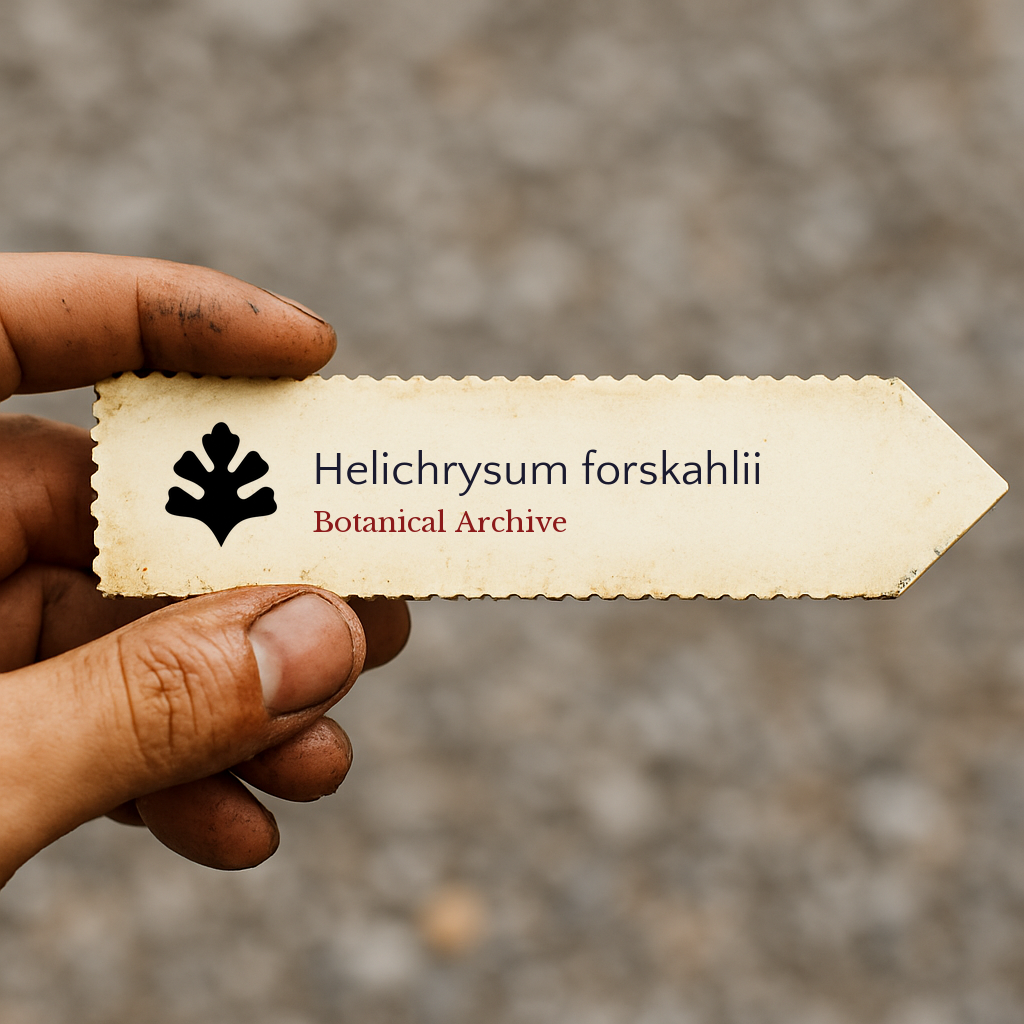 Printed botanical archive label for Helichrysum forskahlii held by hand with dirt marks