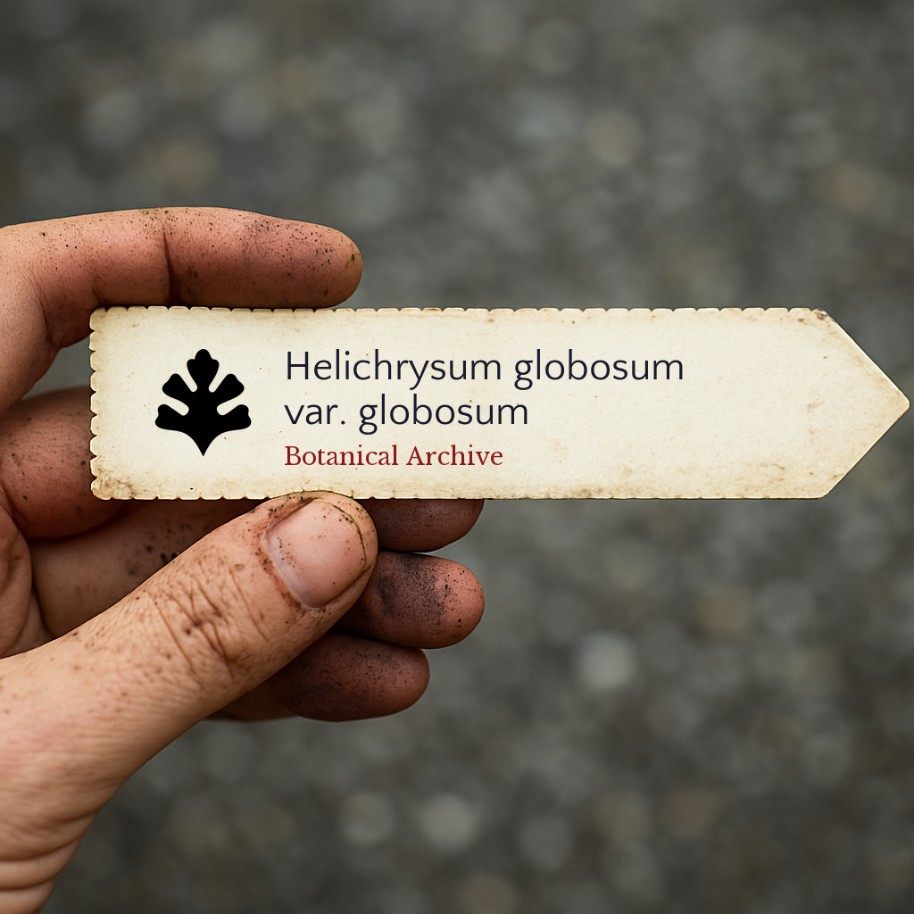 Printed plant label for Helichrysum globosum var. globosum held by hand with soil-stained fingers