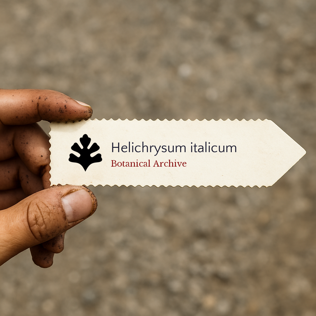Etichetta per pianta stampata per Helichrysum italicum tenuta da mano sporca all'aperto