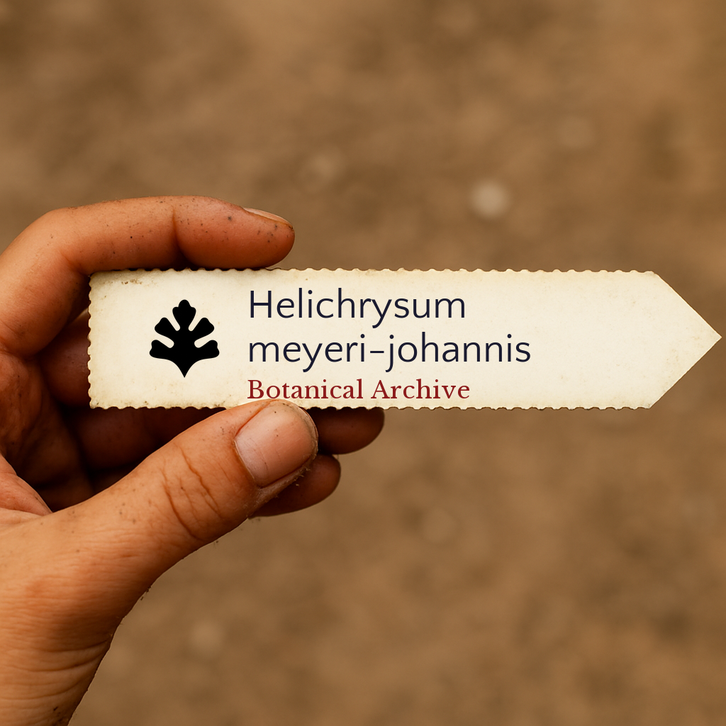 Etichetta per pianta stampata per Helichrysum meyeri-johannis tenuta a mano con sfondo di terreno