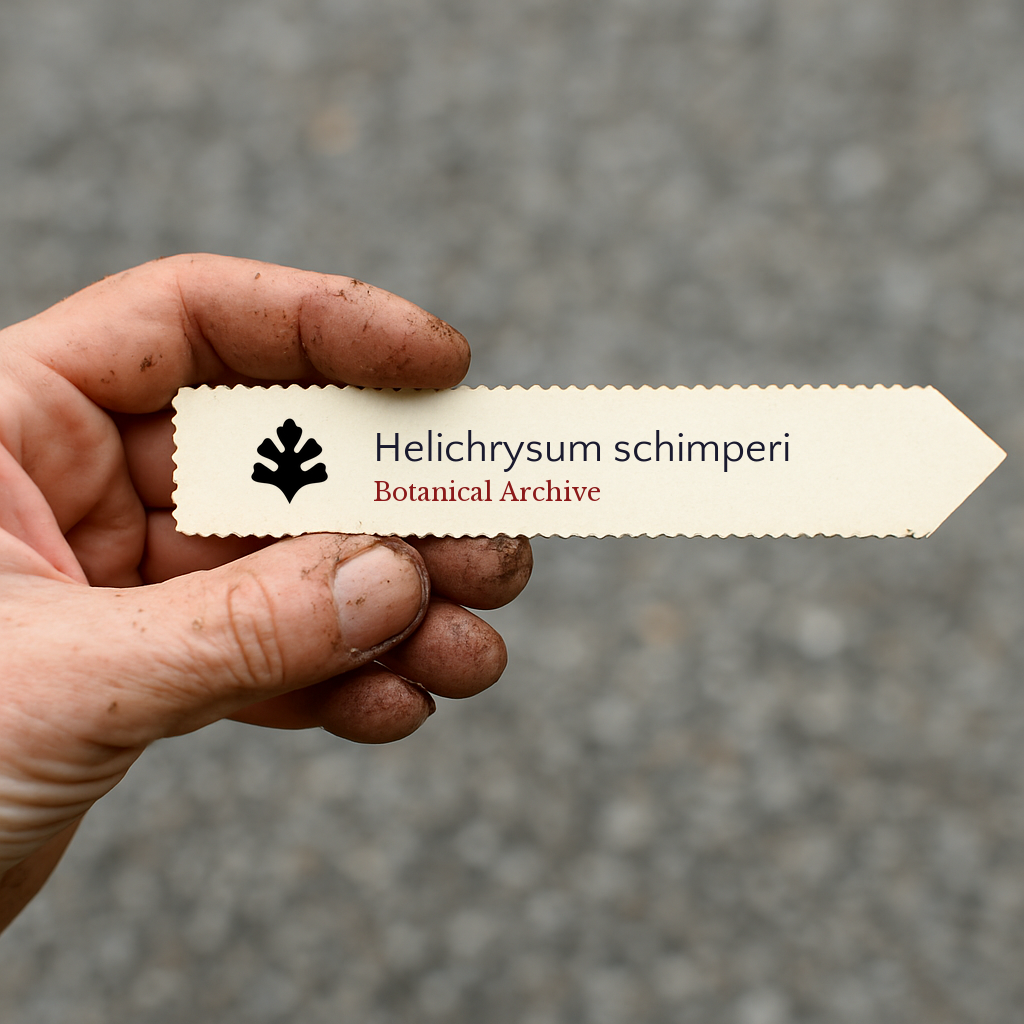 Printed plant label for Helichrysum schimperi held by a dirt-covered hand