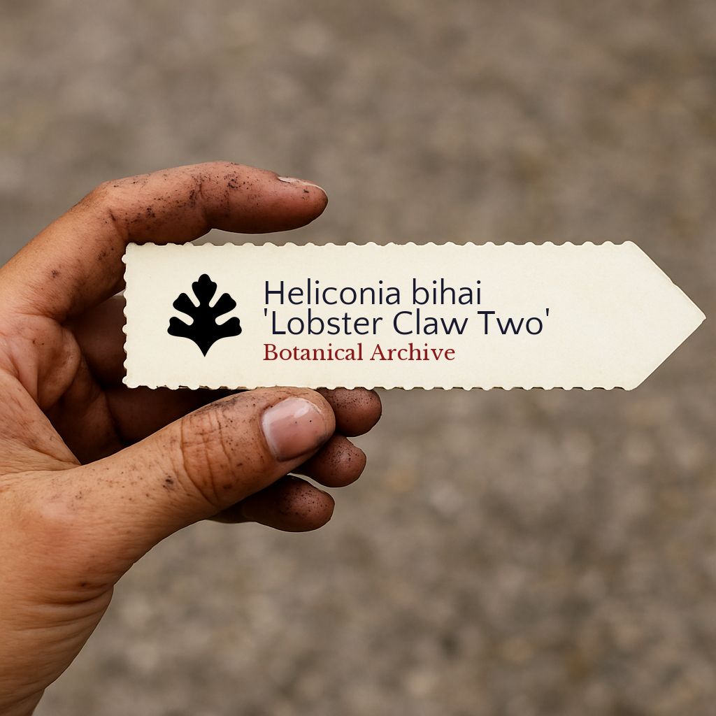 Printed plant label for Heliconia bihai 'Lobster Claw Two' held by dirty hand outdoors