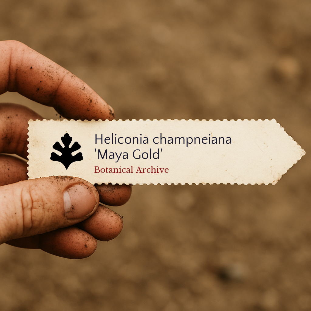 Etichetta per pianta stampata per Heliconia champneiana 'Maya Gold' tenuta da mano sporca all'aperto