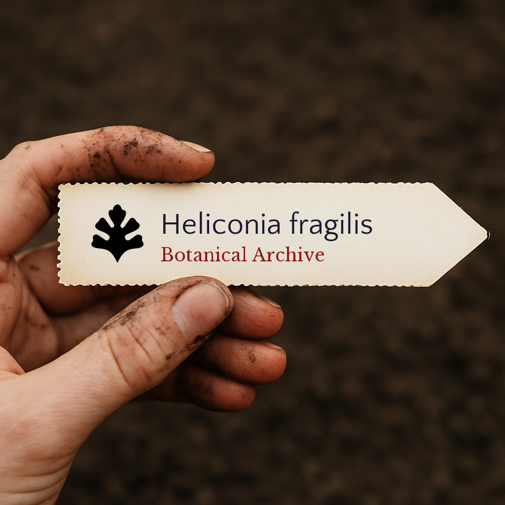 Etichetta stampata per pianta di Heliconia fragilis tenuta da mano sporca su sfondo di terra