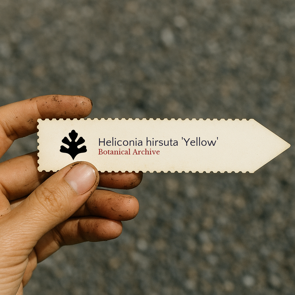 Printed plant label for Heliconia hirsuta 'Yellow' held by hand with soil-stained fingers