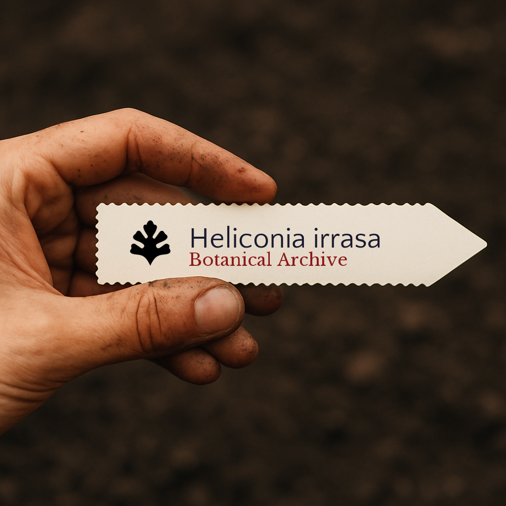 Printed plant label for Heliconia irrasa held by dirty hand over soil background