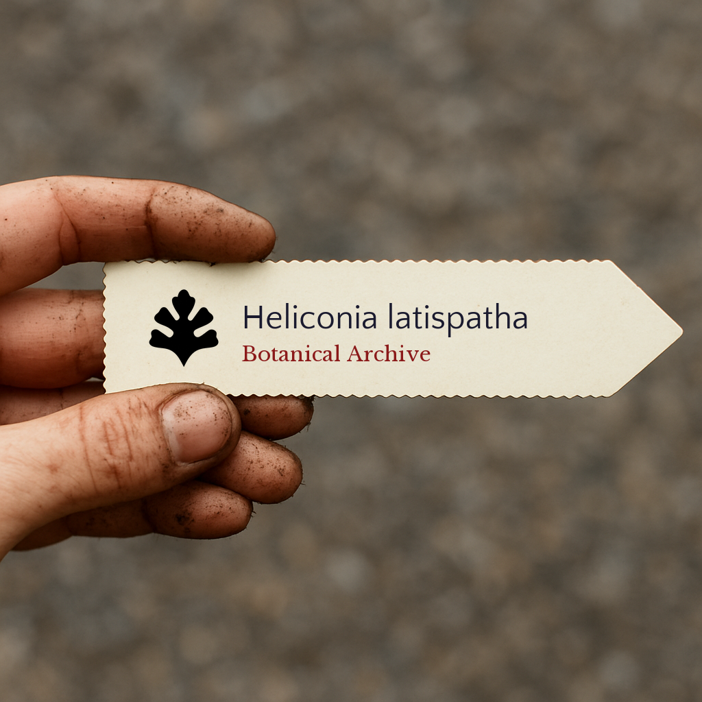 Printed plant label for Heliconia latispatha held by dirty hand outdoors