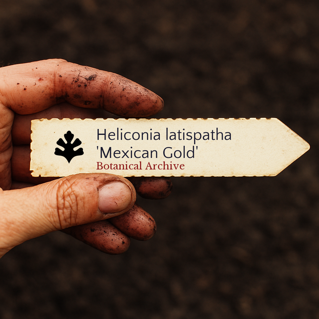 Printed plant label for Heliconia latispatha 'Mexican Gold' held by dirty hand