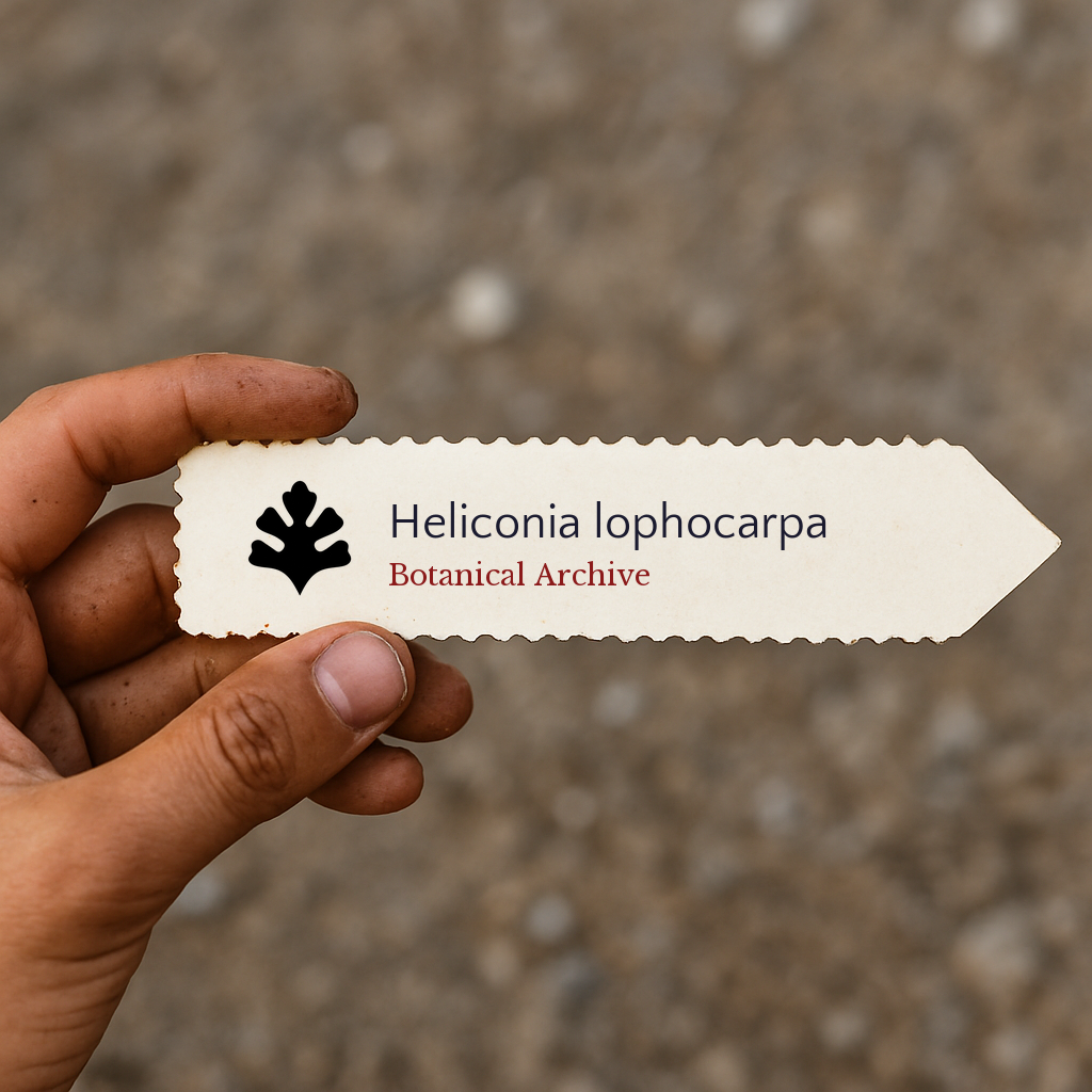 Printed plant label for Heliconia lophocarpa with botanical archive logo held by hand