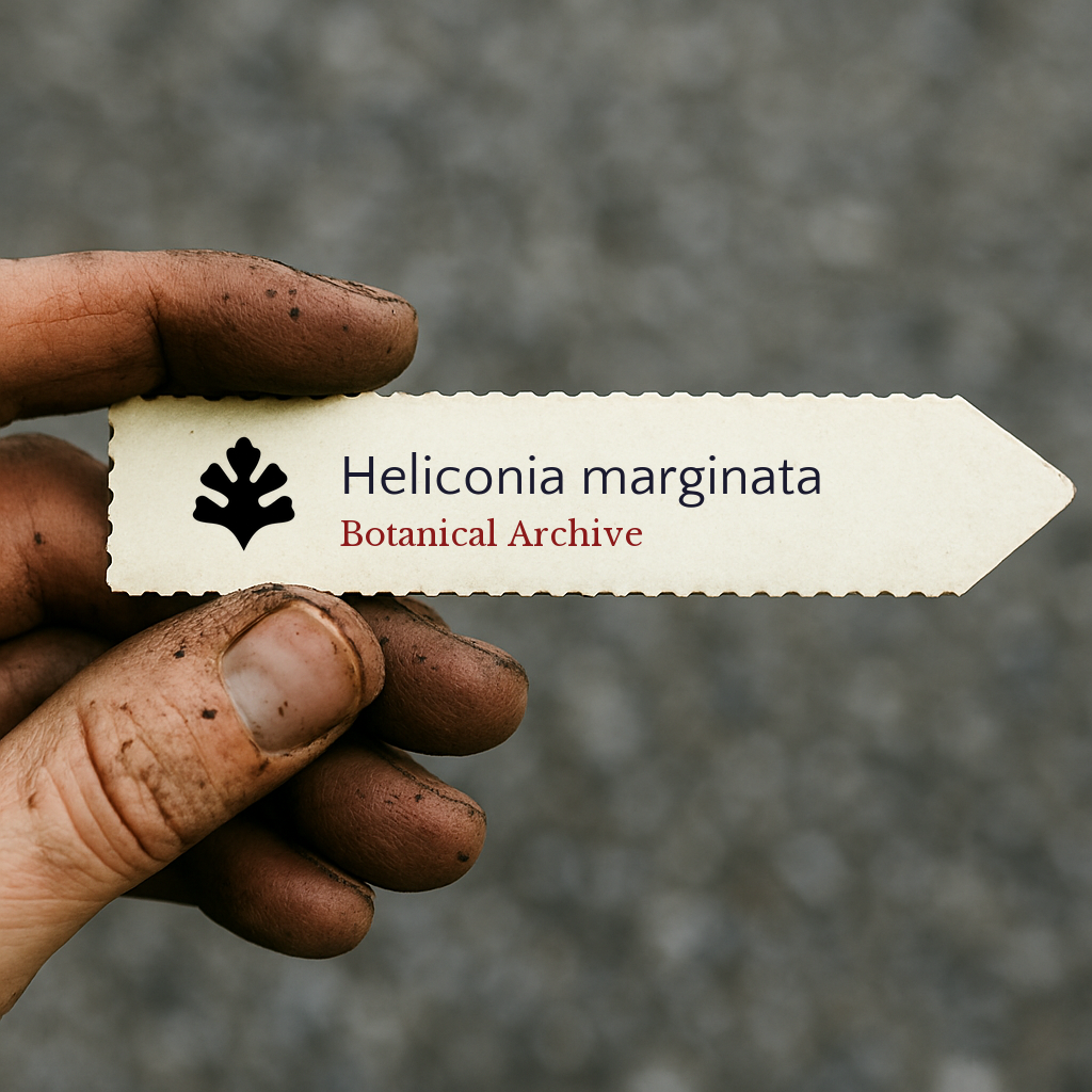 Printed plant label for Heliconia marginata held by dirty hand outdoors