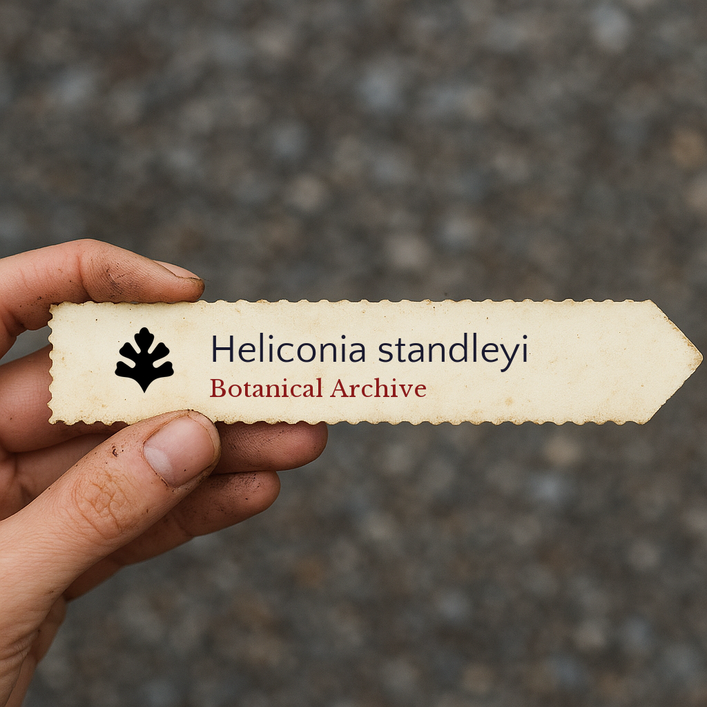 Printed botanical archive label for Heliconia standleyi held by hand with dirt marks