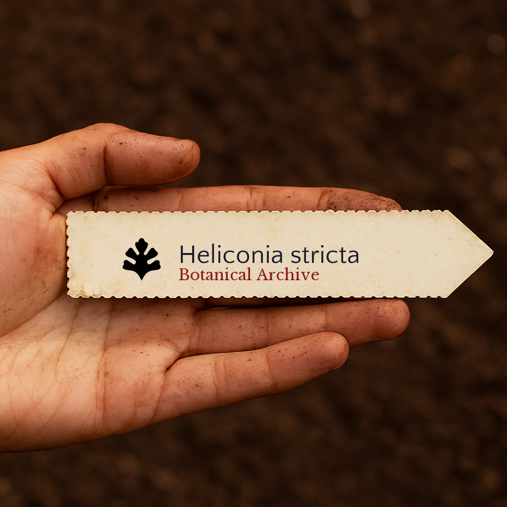 Etichetta vegetale stampata per Heliconia stricta tenuta in mano su sfondo di terreno