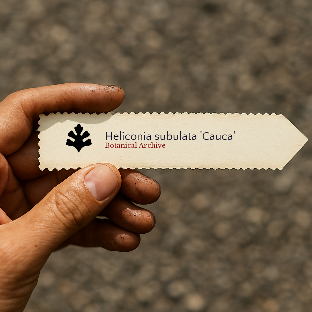Printed plant label for Heliconia subulata 'Cauca' held by hand with soil-stained fingers