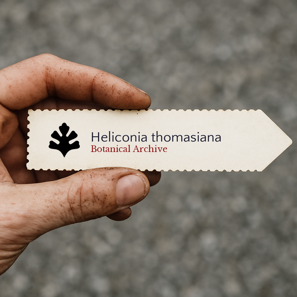 Etichetta stampata per pianta di Heliconia thomasiana tenuta a mano con sfondo di terra