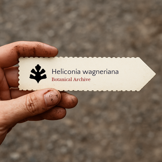 Printed plant label for Heliconia wagneriana held by dirty hand outdoors