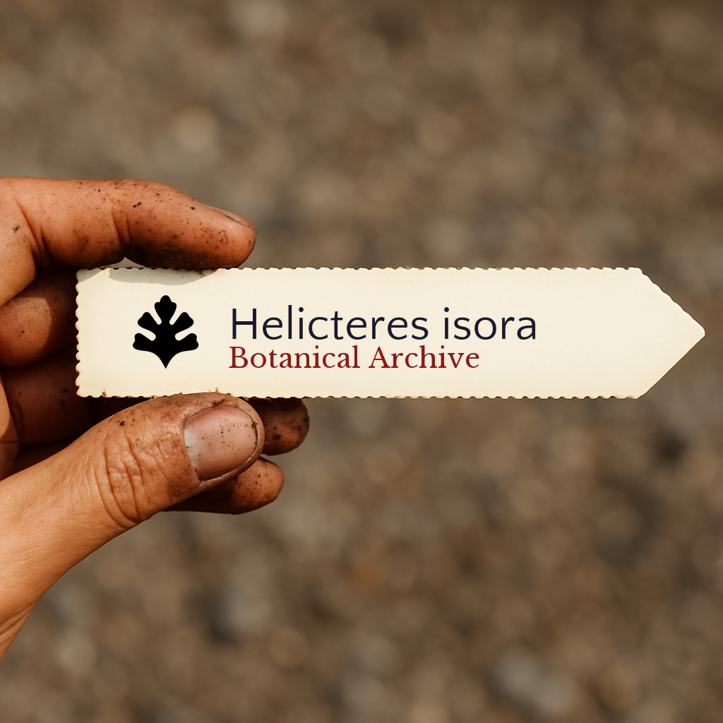 Printed plant label for Helicteres isora held by dirty hand with blurred soil background