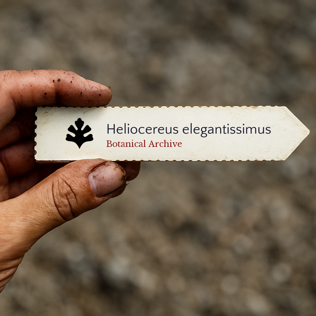 Printed plant label for Heliocereus elegantissimus held by dirty hand outdoors