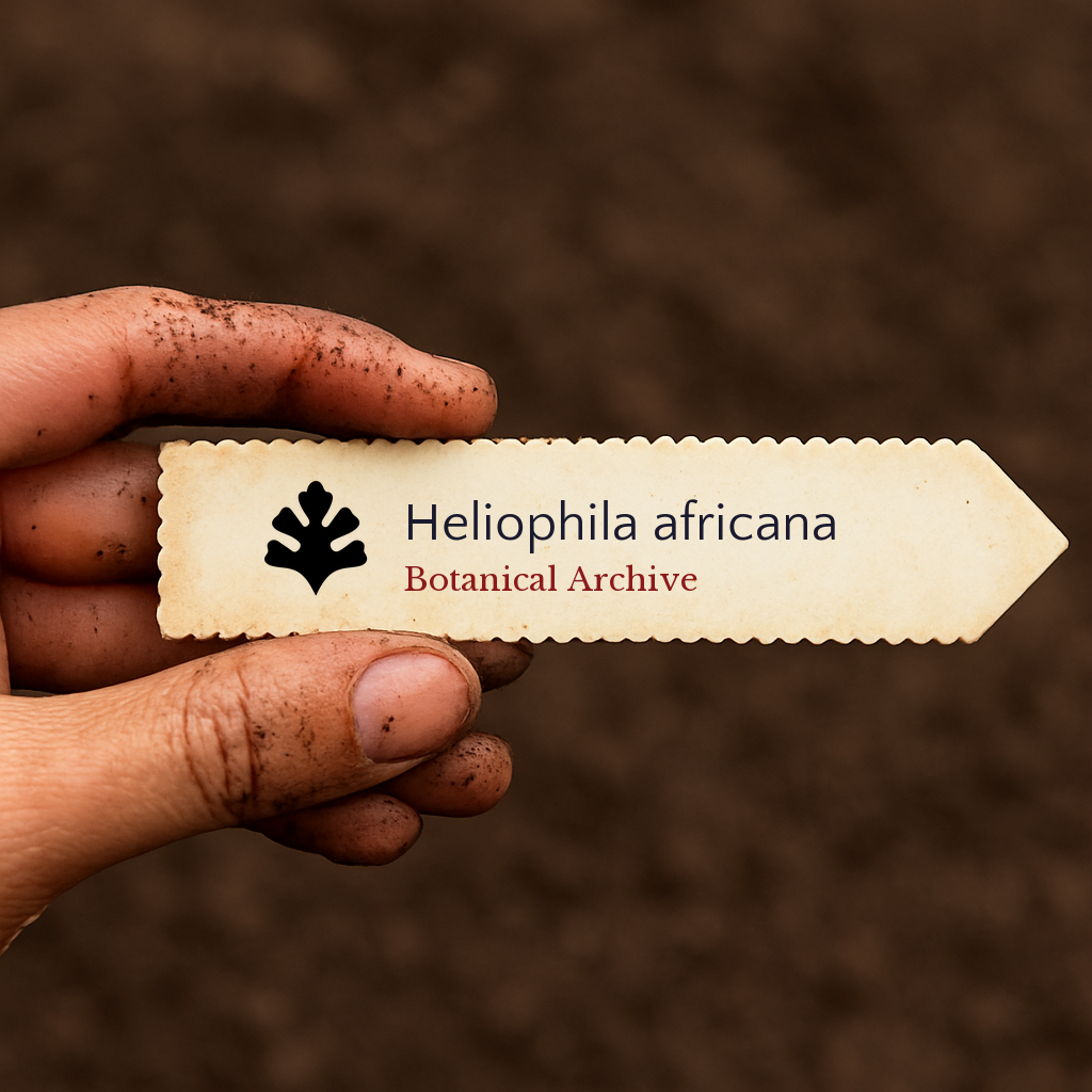 Etichetta per pianta stampata per Heliophila africana tenuta da mano sporca su sfondo di terreno