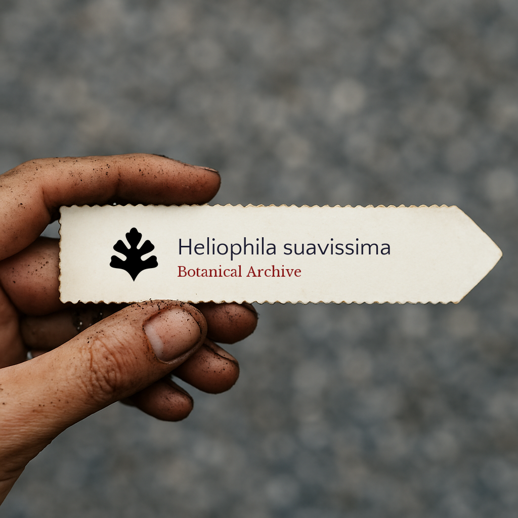 Printed plant label for Heliophila suavissima with botanical archive logo held by dirty hand
