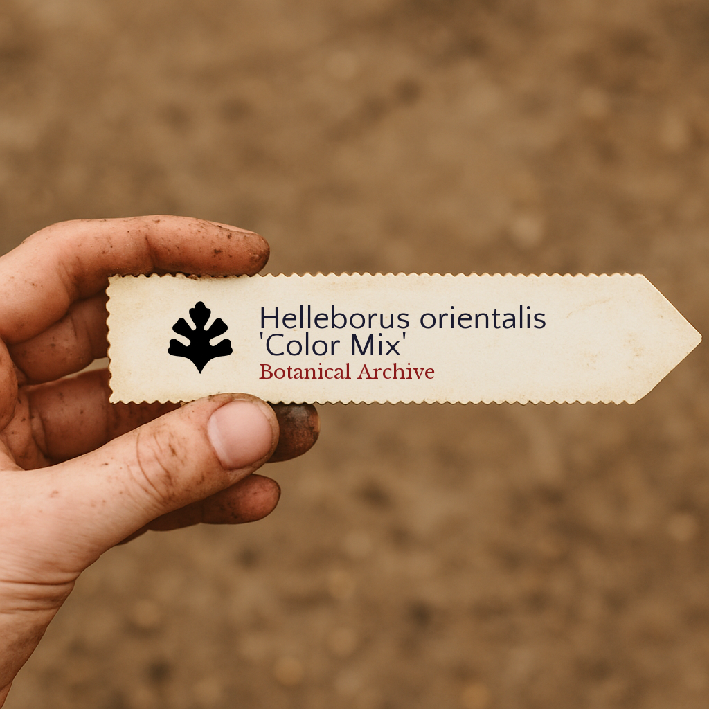 Printed plant label for Helleborus orientalis 'Color Mix' held by hand with soil background
