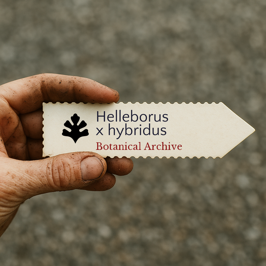 Printed plant label for Helleborus x hybridus held by dirty hand outdoors
