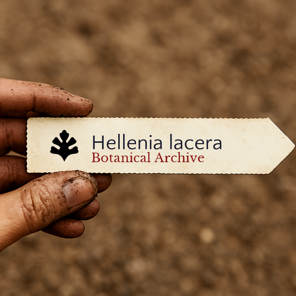 Etichetta per pianta di Hellenia lacera con testo Botanical Archive tenuta da mano sporca