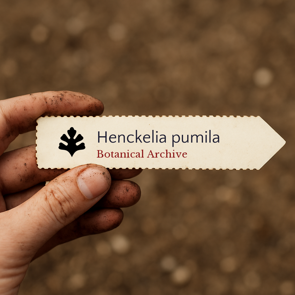 Etichetta per piante stampata per Henckelia pumila tenuta da mano sporca su sfondo di terreno