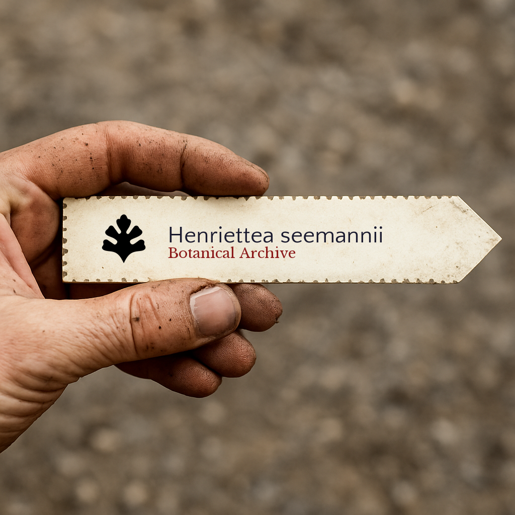 Printed botanical archive plant label for Henriettea seemannii held in dirty hand