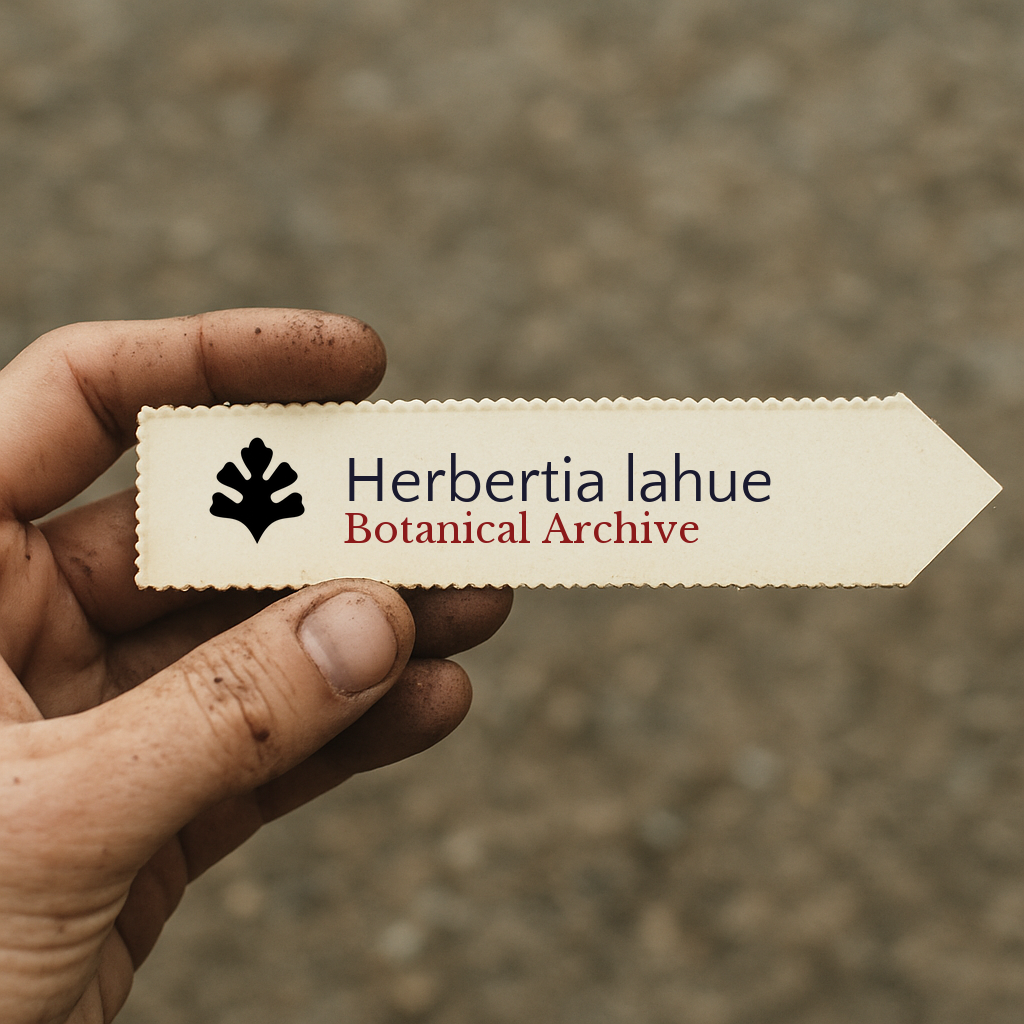 Printed plant label for Herbertia lahue with botanical archive logo held by hand