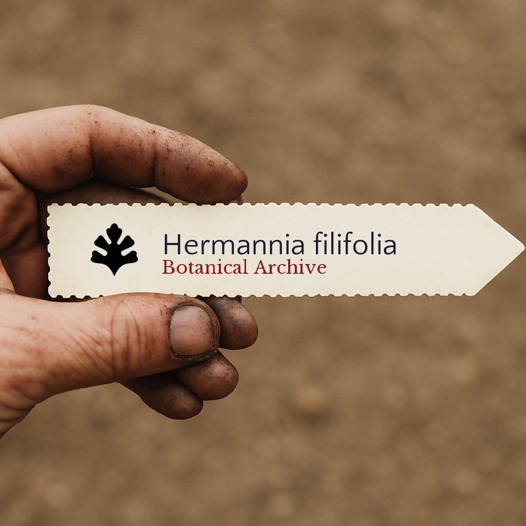 Printed plant label for Hermannia filifolia held by dirty hand with soil background
