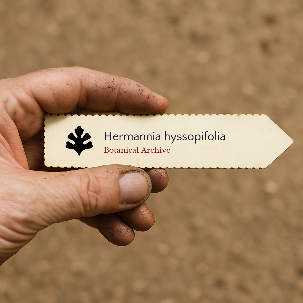 Printed plant label for Hermannia hyssopifolia held by hand with soil background