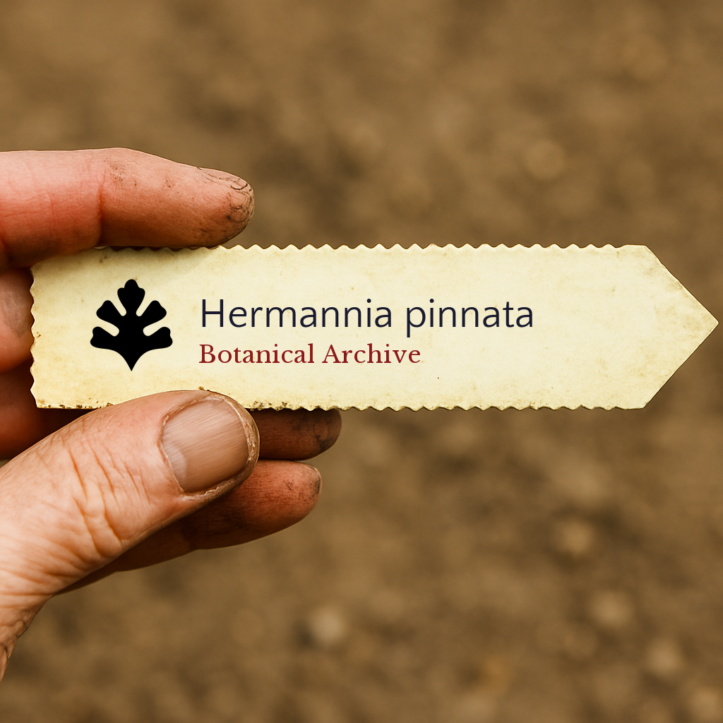 Etichetta da pianta stampata per Hermannia pinnata tenuta da una mano sporca su sfondo di terreno