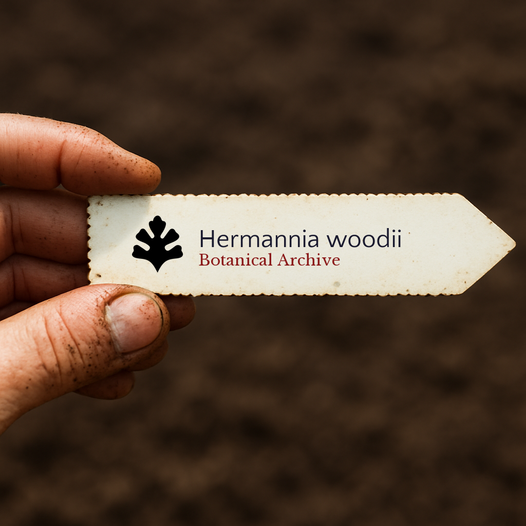 Printed plant label for Hermannia woodii held by hand over soil background
