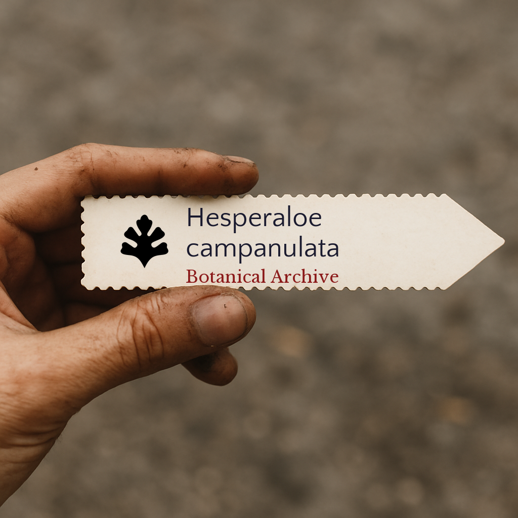 Printed plant label for Hesperaloe campanulata held by hand with dirt background