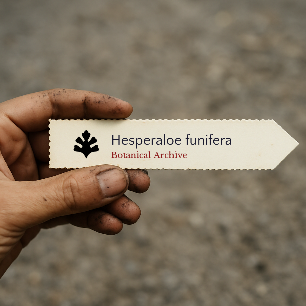 Printed plant label for Hesperaloe funifera held by dirty hand outdoors