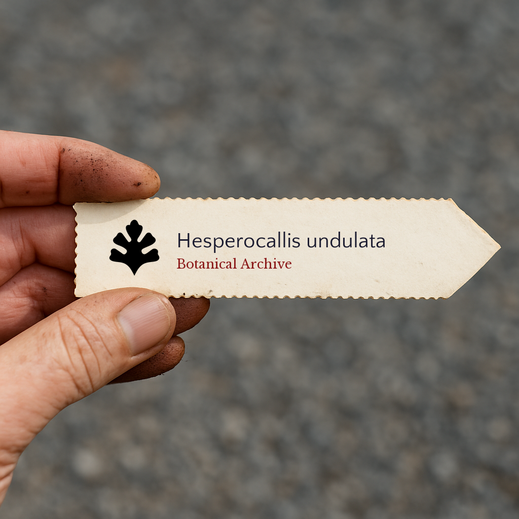 Etichetta per pianta stampata per Hesperocallis undulata con logo Botanical Archive tenuta a mano