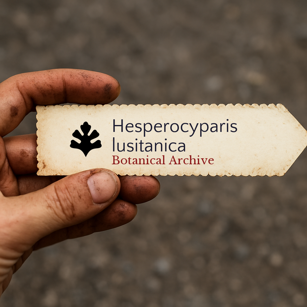 Printed vintage botanical archive label for Hesperocyparis lusitanica held by hand