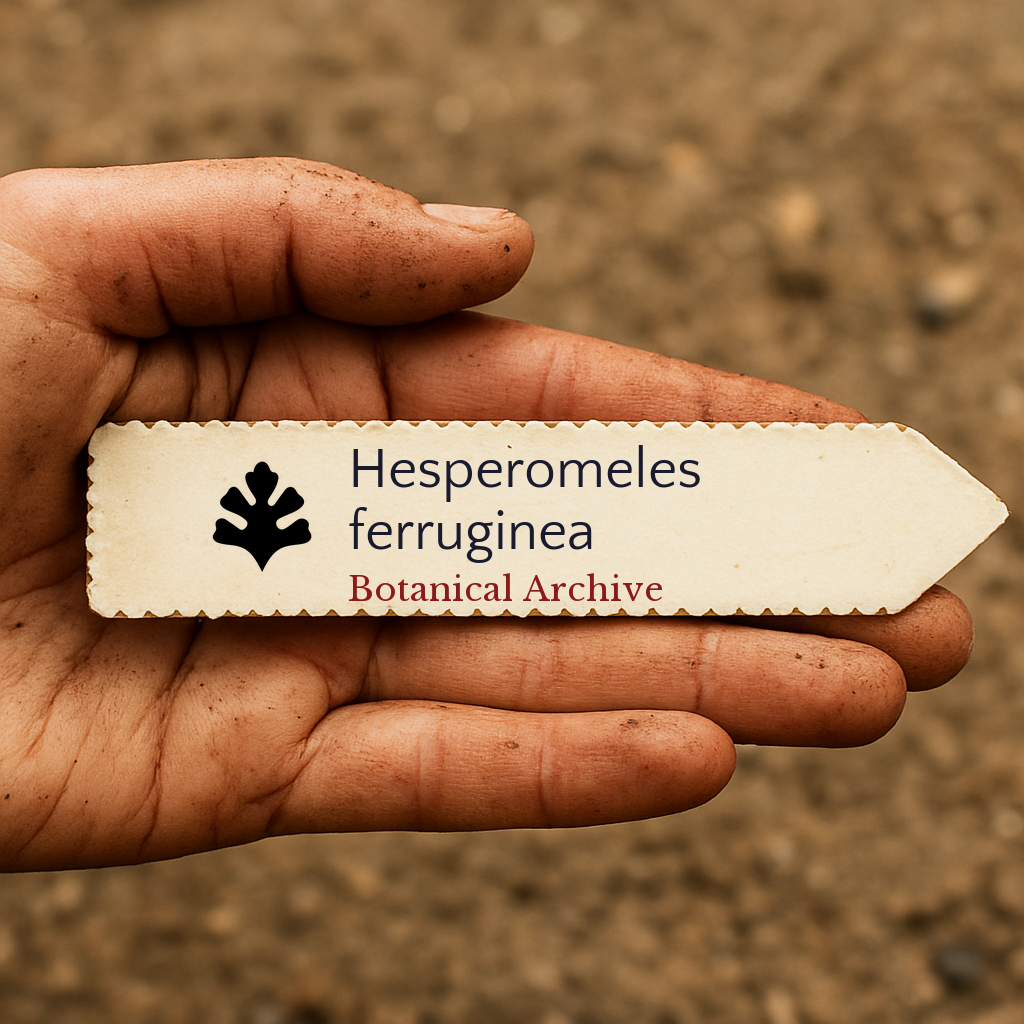 Printed plant label for Hesperomeles ferruginea held in dirty hand outdoors