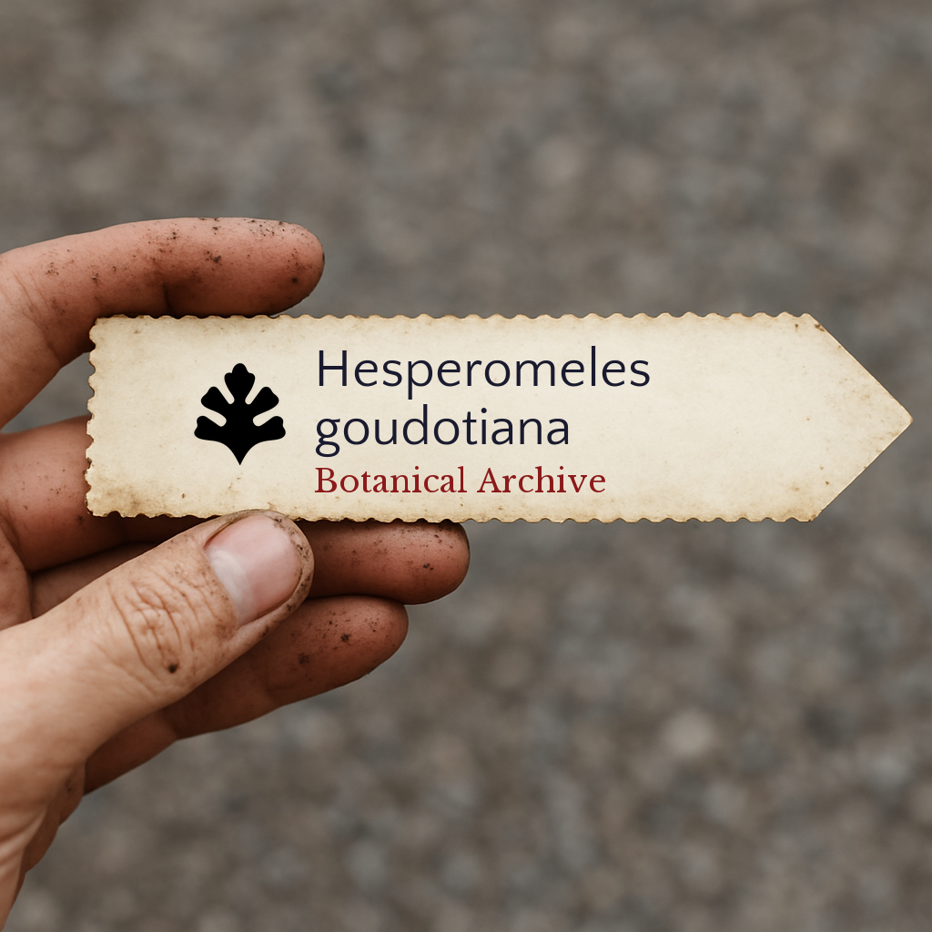 Printed plant label for Hesperomeles goudotiana held in dirty hand outdoors
