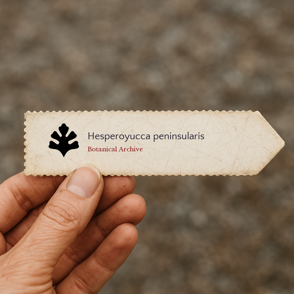 Printed plant label for Hesperoyucca peninsularis with botanical archive logo