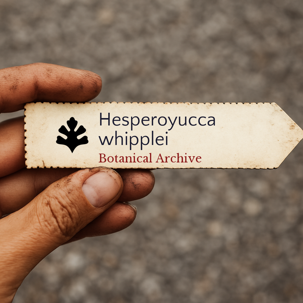 Etichetta per pianta stampata per Hesperoyucca whipplei tenuta da mano sporca all'aperto