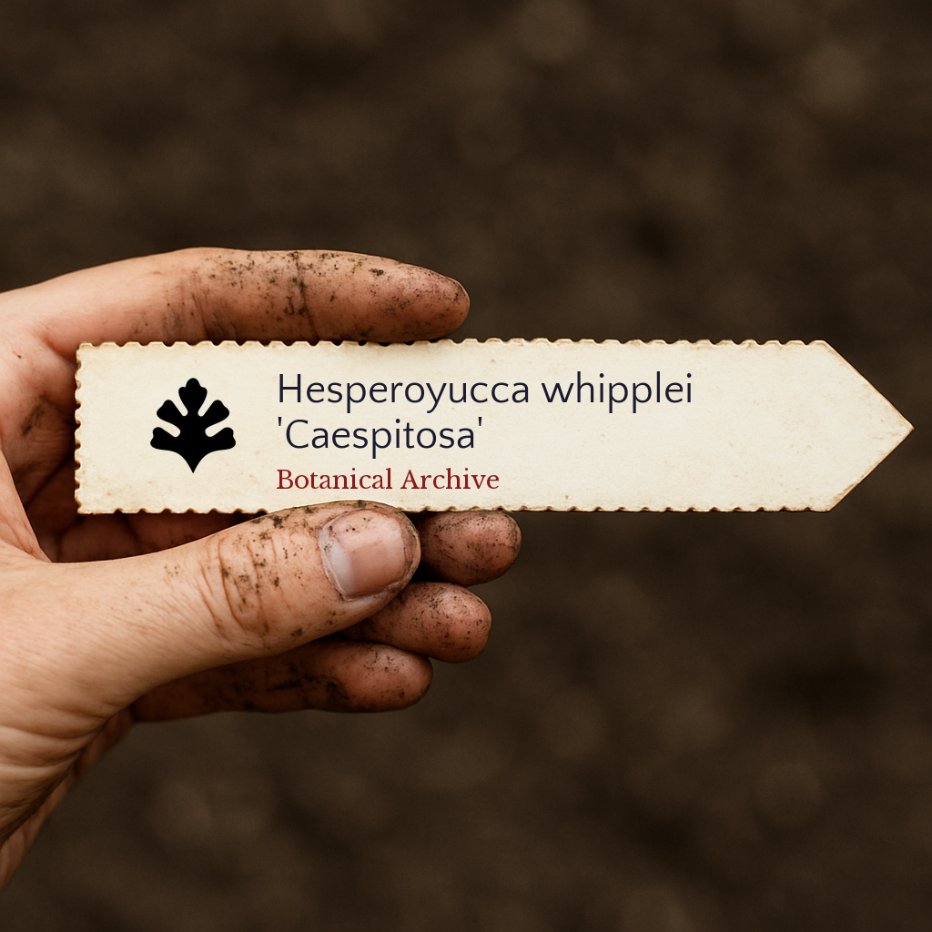 Etichetta piantina stampata per Hesperoyucca whipplei 'Caespitosa' tenuta in mano sporca contro sfondo di terreno