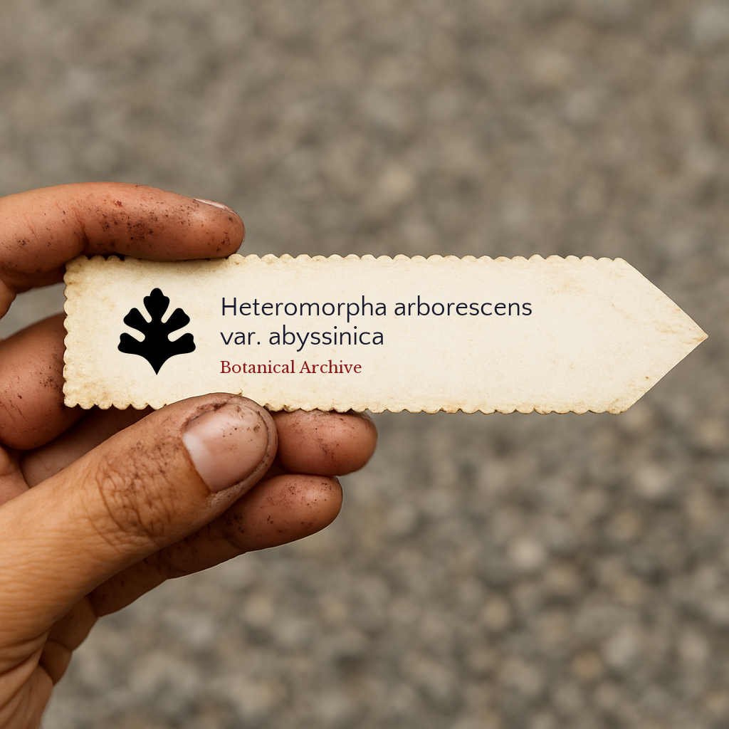 Etichetta per pianta stampata per Heteromorpha arborescens var. abyssinica tenuta da una mano sporca
