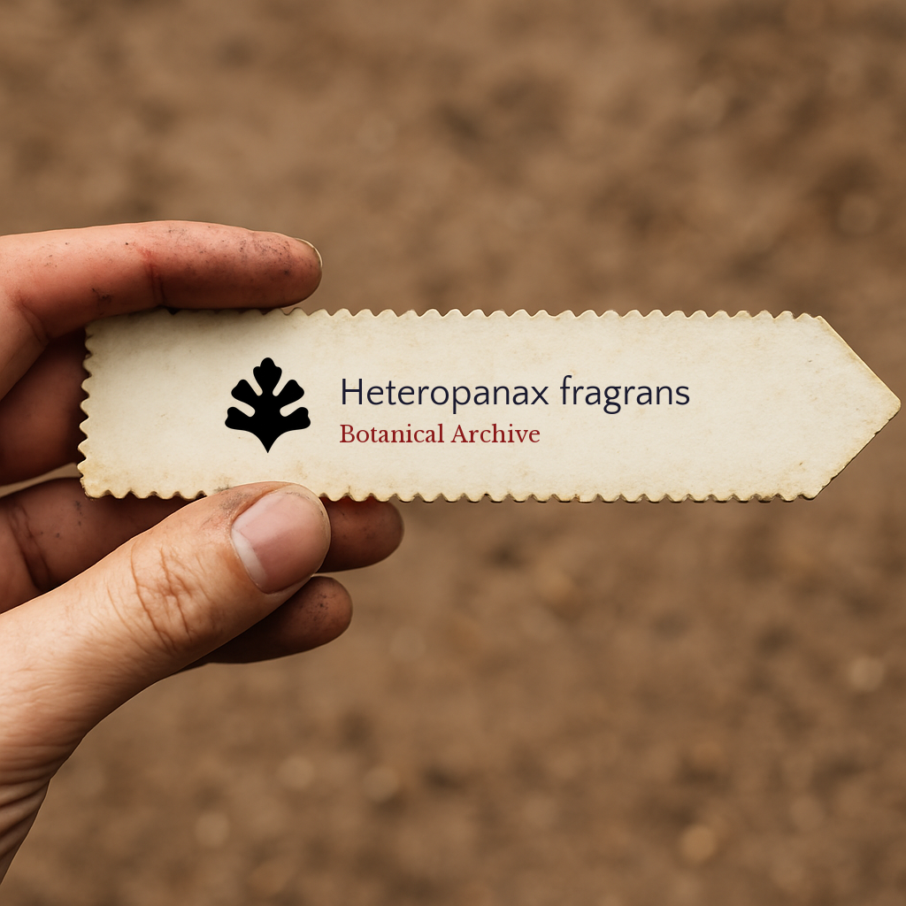 Printed plant label for Heteropanax fragrans held by hand over soil background
